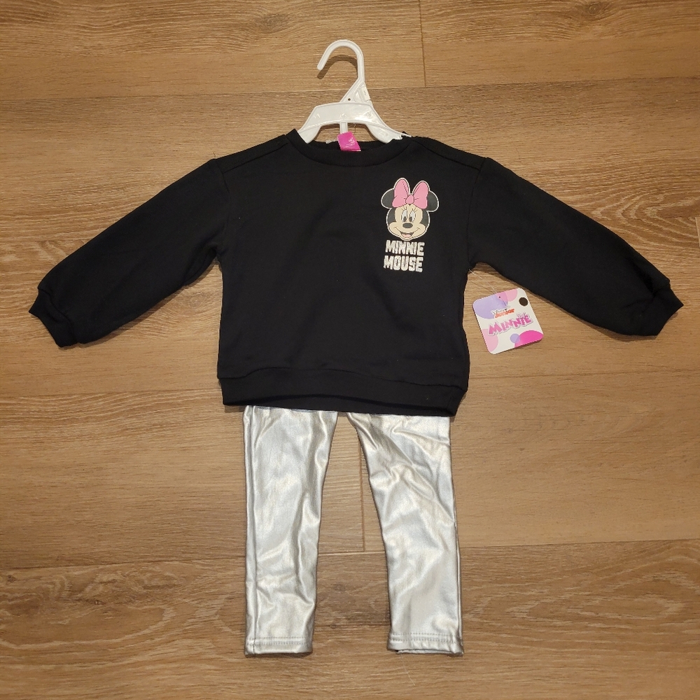 Disney Junior Minnie Mouse 2T Girls 2-Piece Crew Neck Sweater Metallic Pants New